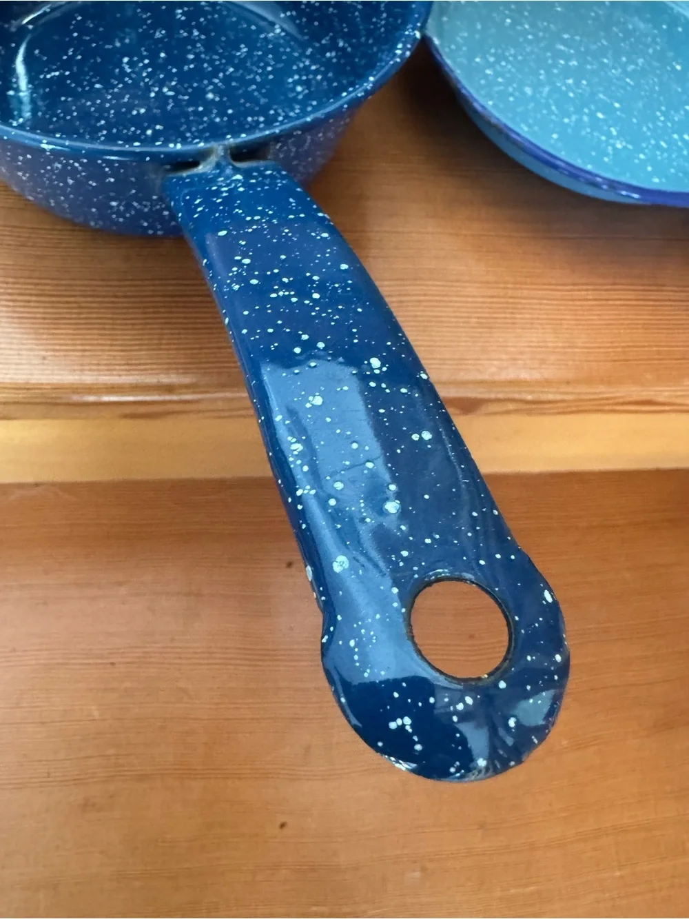 2 Blue Speckled Enamel Saucepans for camping, decor or up-cycle